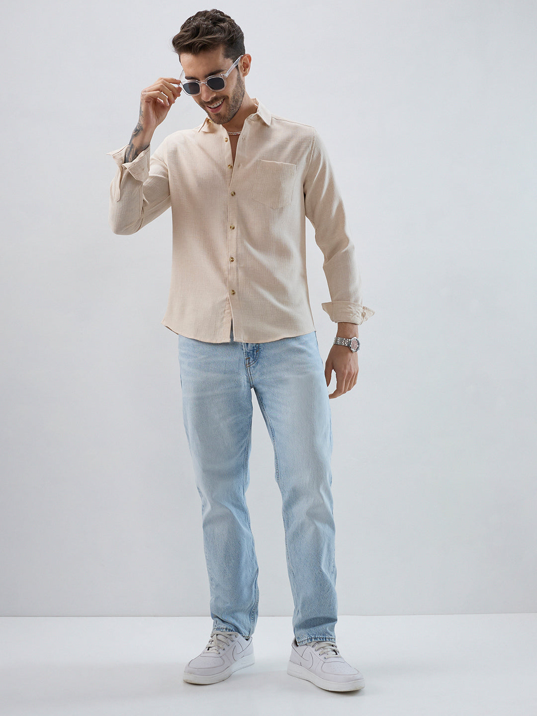 Elegant Cream Slub Textured Shirt