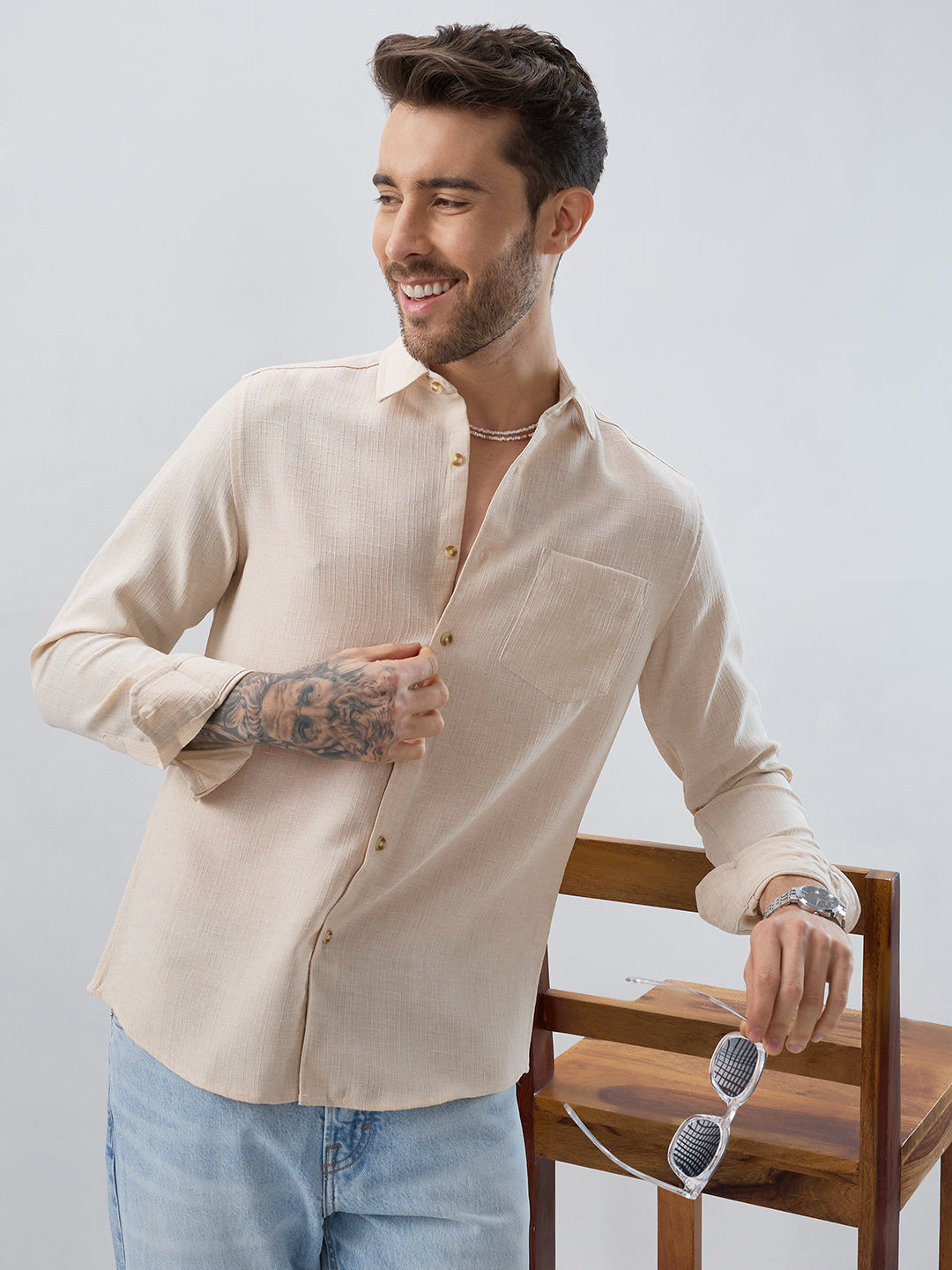 Elegant Cream Slub Textured Shirt