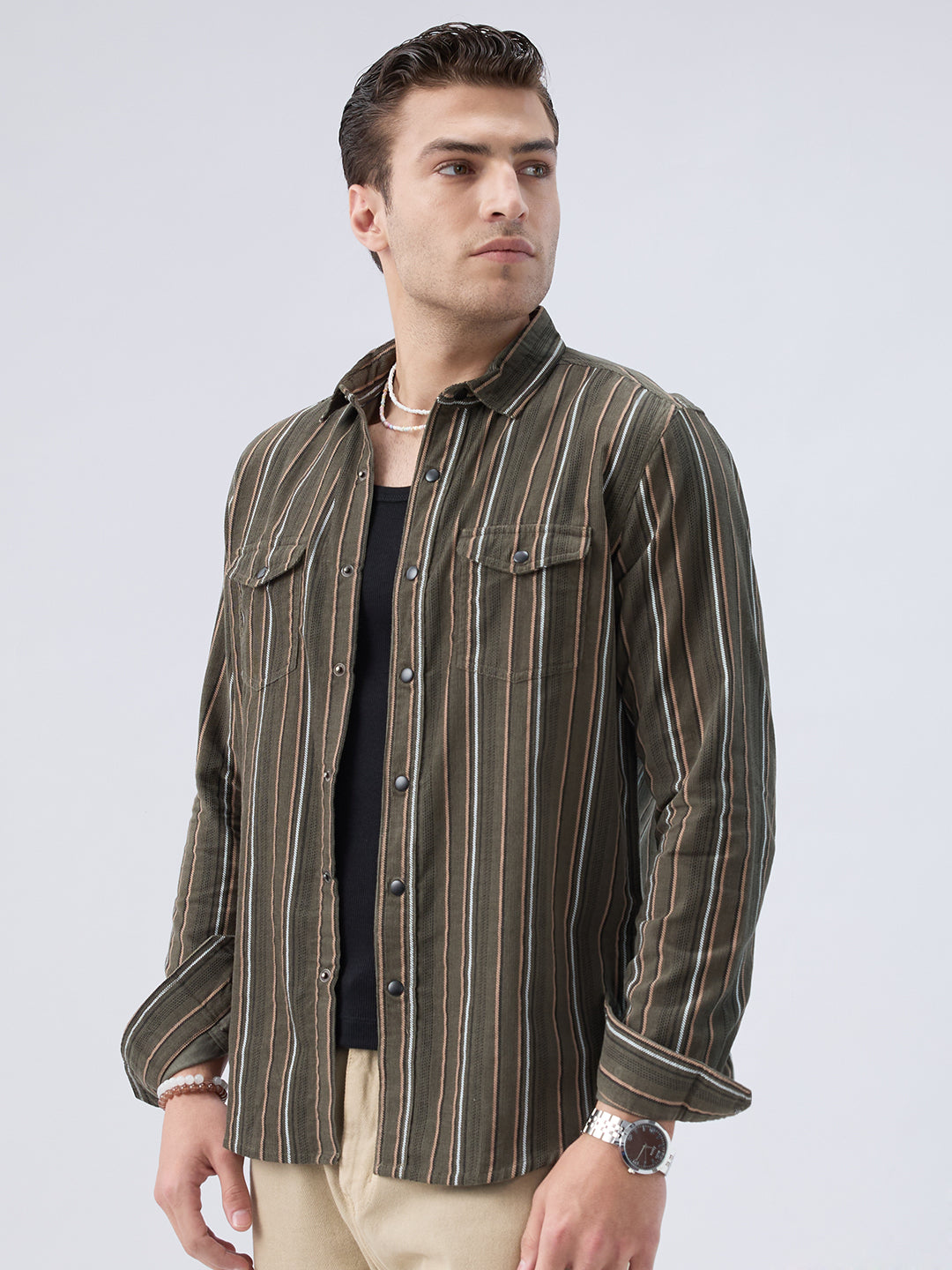 Forest Vibe Multi-Stripe Olive Twin Pocket Corduroy Shirt
