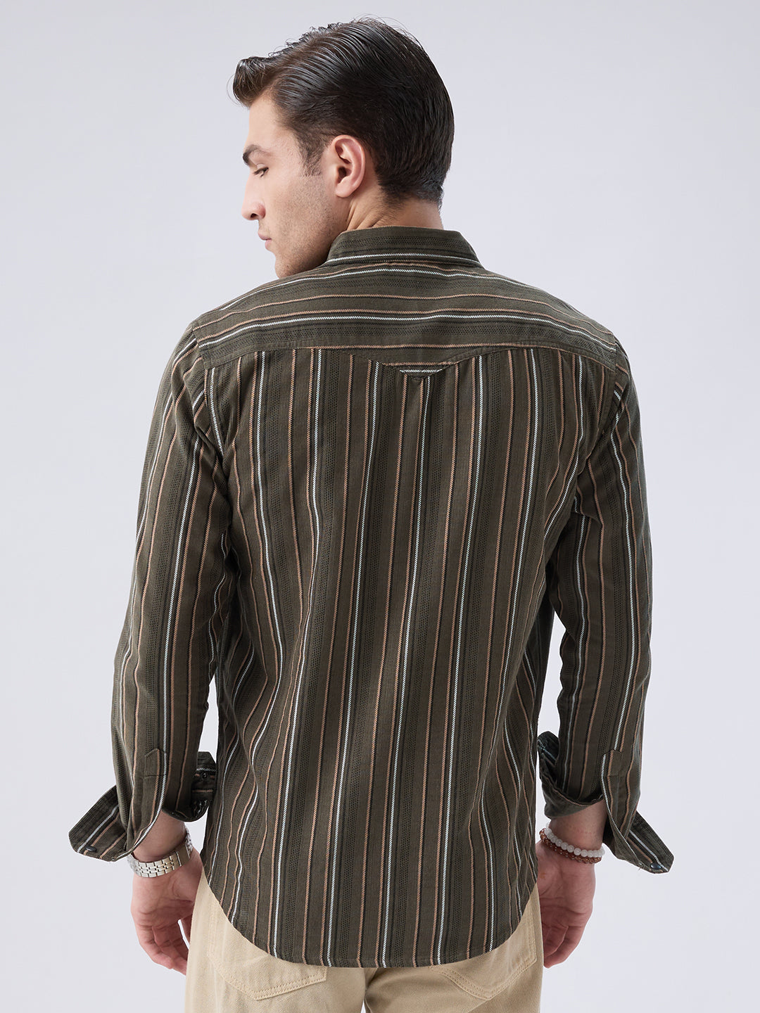 Forest Vibe Multi-Stripe Olive Twin Pocket Corduroy Shirt