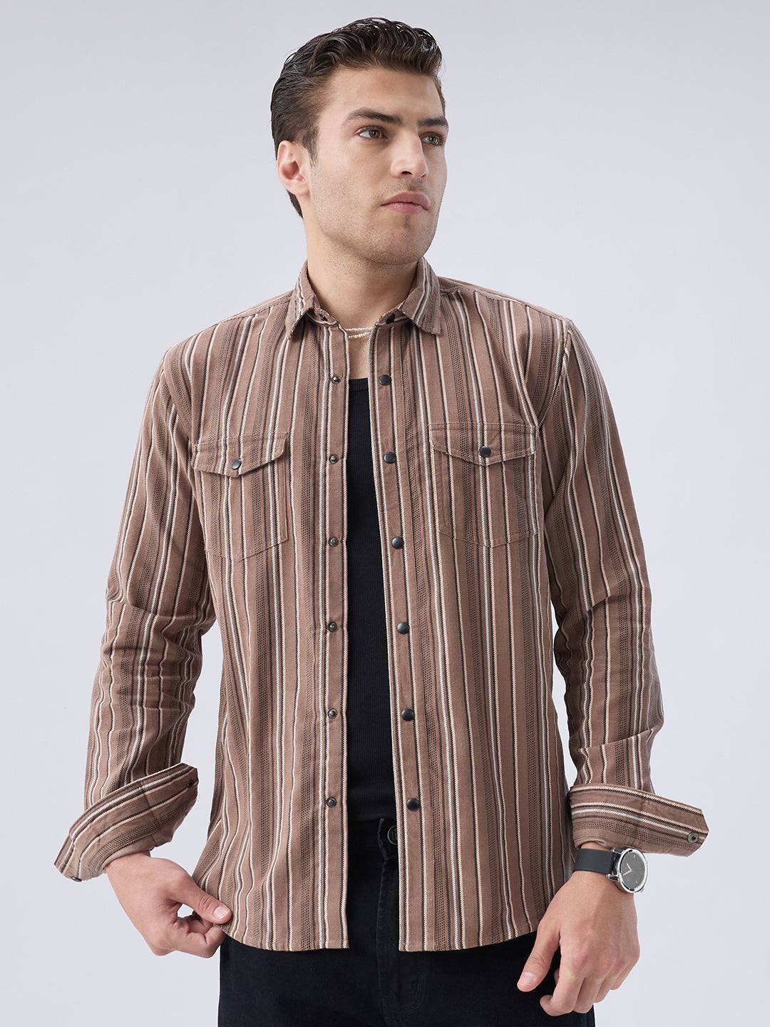 Rustic Bark Brown Multi-Stripe Twin Pocket Corduroy Shirt