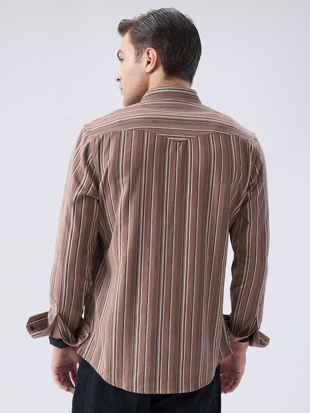Rustic Bark Brown Multi-Stripe Twin Pocket Corduroy Shirt