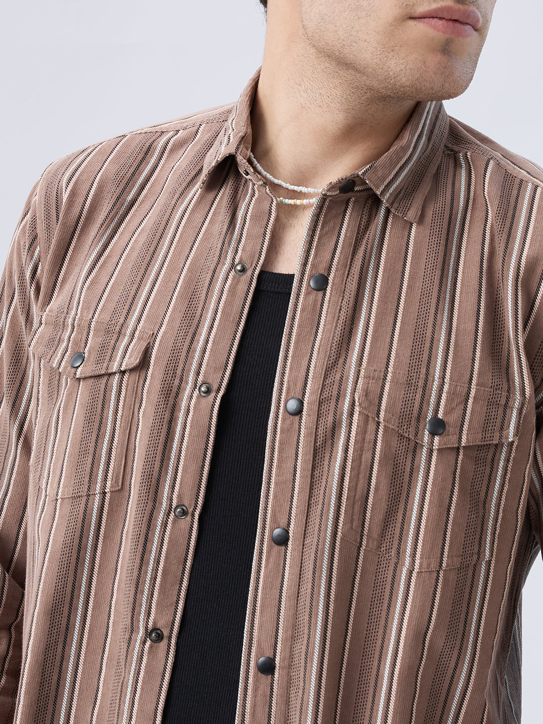 Rustic Bark Brown Multi-Stripe Twin Pocket Corduroy Shirt