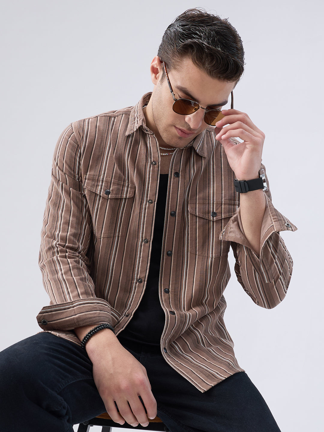 Rustic Bark Brown Multi-Stripe Twin Pocket Corduroy Shirt