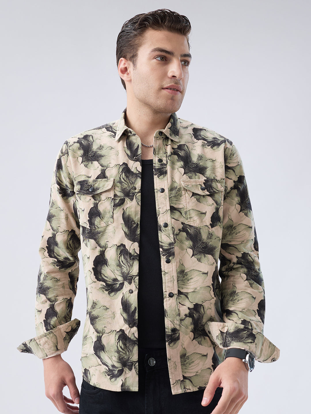 Nature Inspired Abstract Printed Double Pocket Corduroy Shirt