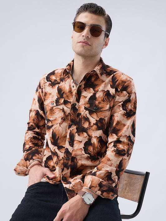 Burnt Orange Floral Printed Double Pocket Corduroy Shirt