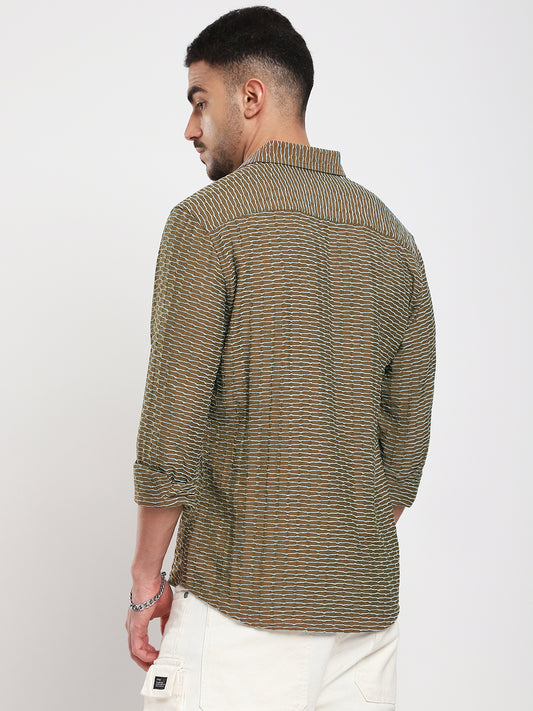 Contrast Wave Olive Horizontal Textured Shirt