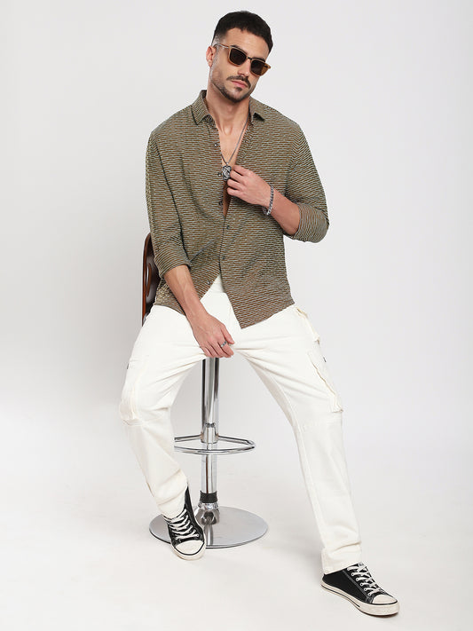 Contrast Wave Olive Horizontal Textured Shirt