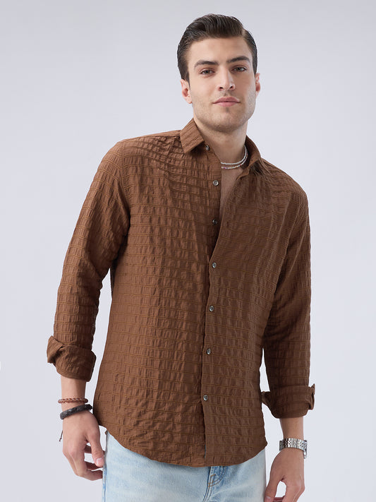 Brown Horizontal Stripes Textured Crinkled Shirt