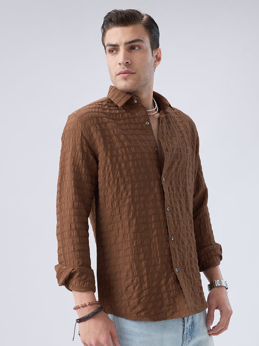 Brown Horizontal Stripes Textured Crinkled Shirt