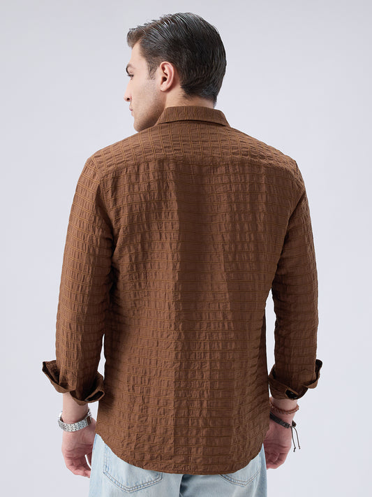 Brown Horizontal Stripes Textured Crinkled Shirt
