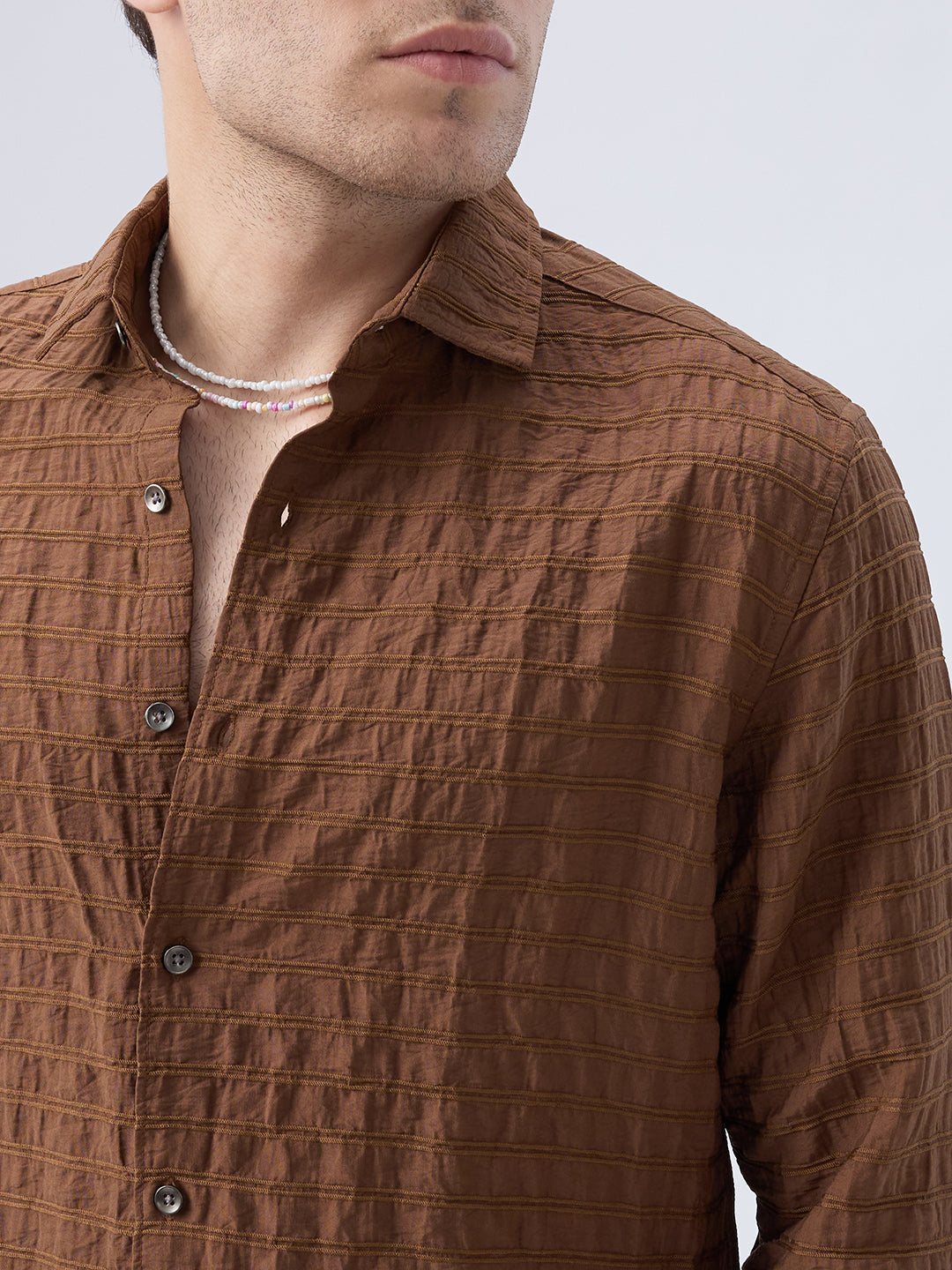 Brown Horizontal Stripes Textured Crinkled Shirt