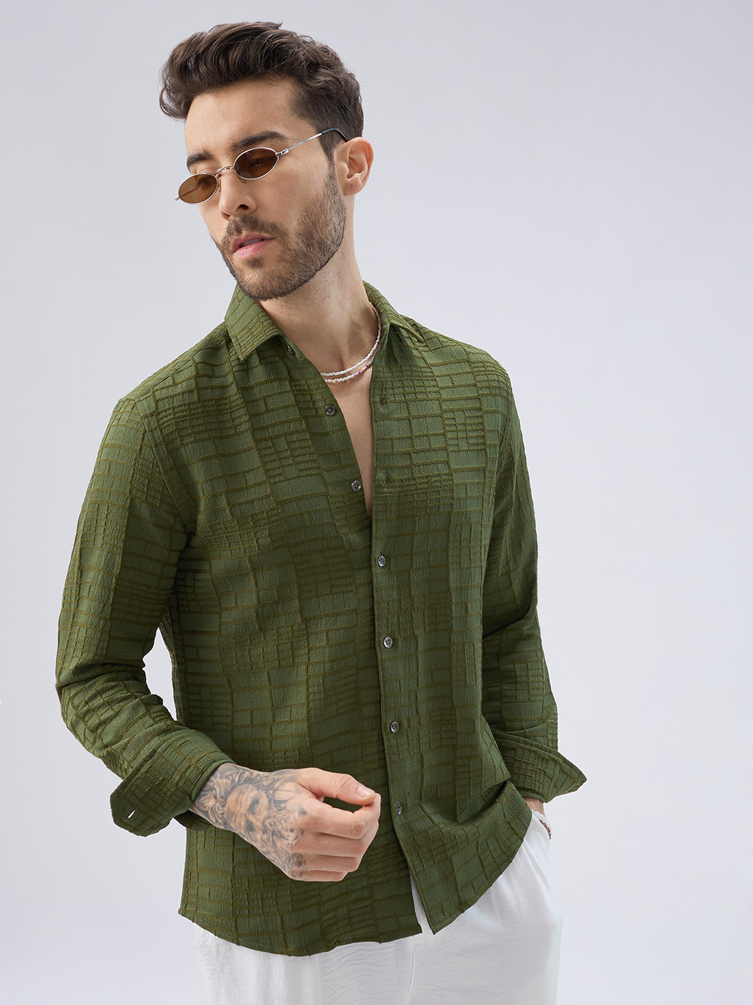 Moss Green Architectural Jacquard Weave Shirt Vastrado Moss Green Architectural Jacquard Weave Shirt Vastrado