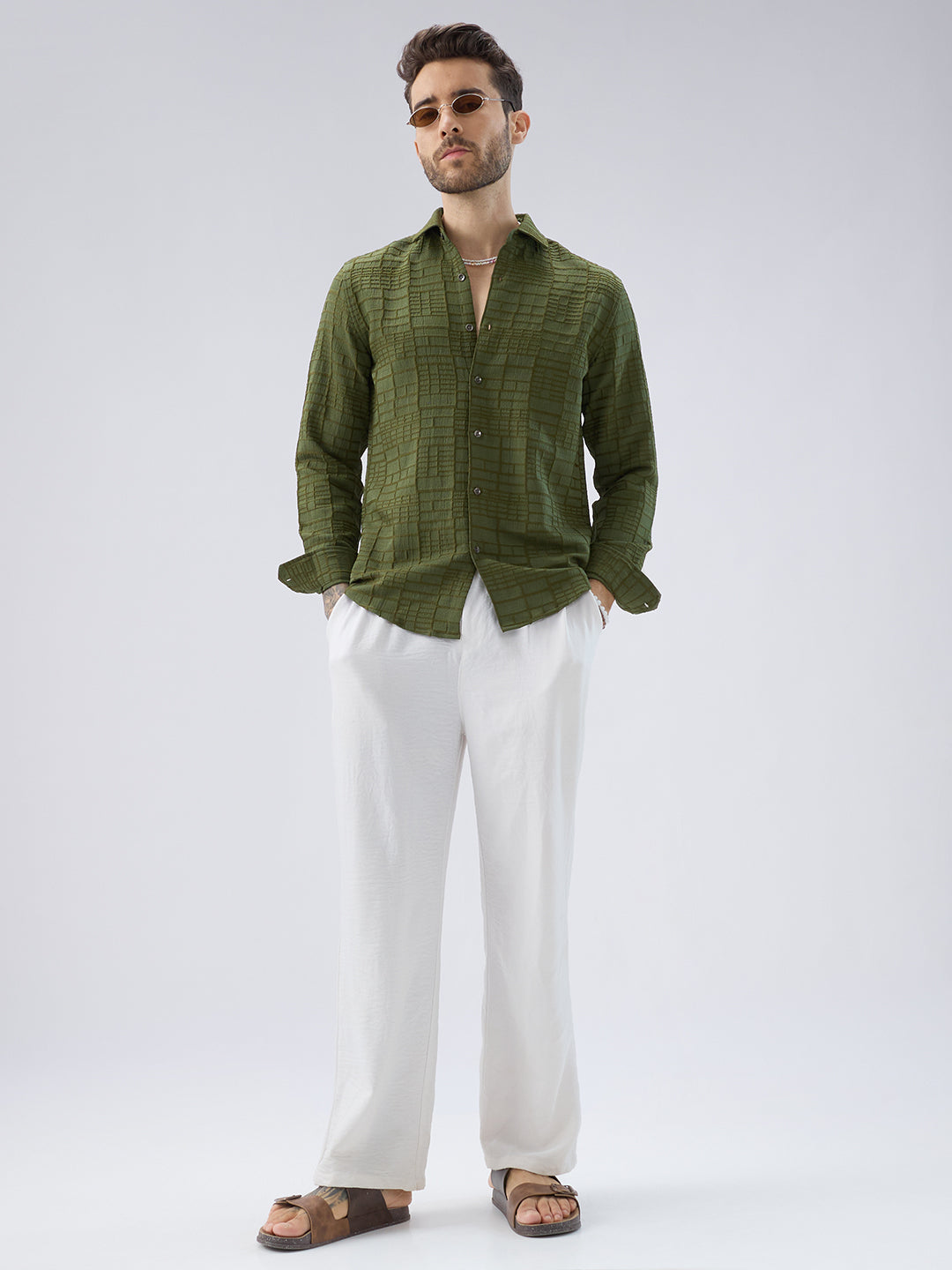 Moss Green Architectural Jacquard Weave Shirt