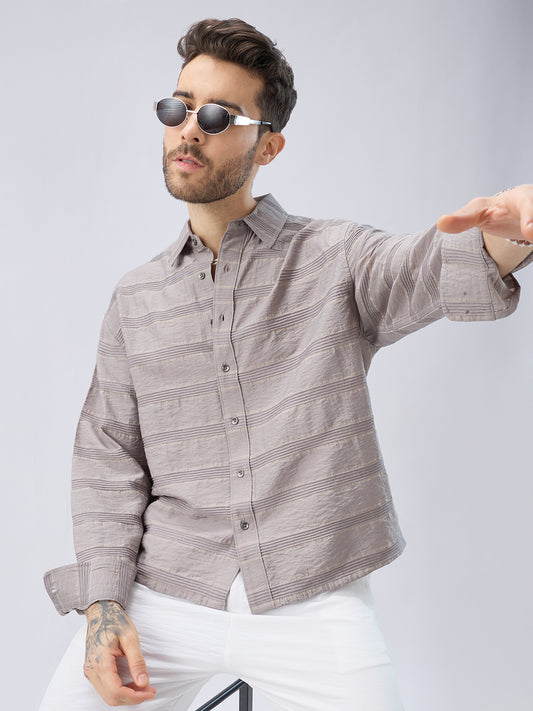 Misty Grey Textured Stripe Boxy Fit Crop Shirt