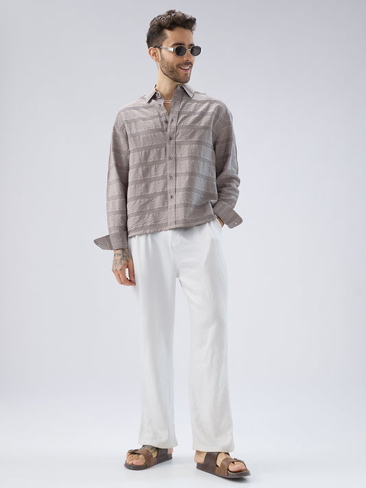 Misty Grey Textured Stripe Boxy Fit Crop Shirt