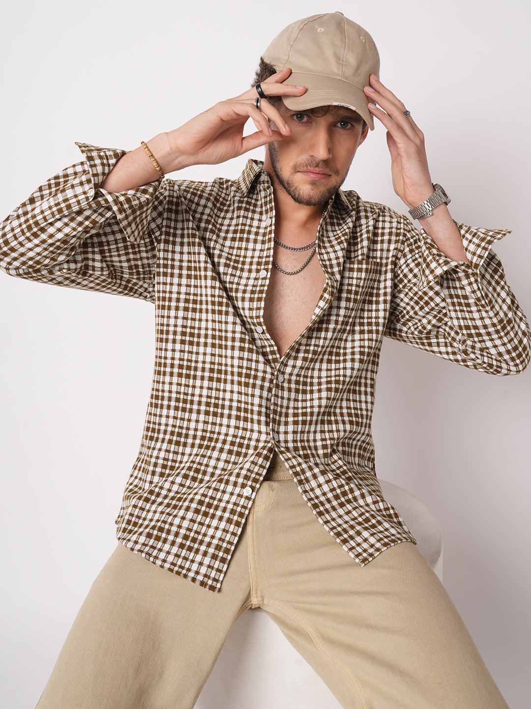 Caramel Brown Gingham Checked Cross-weave Shirt