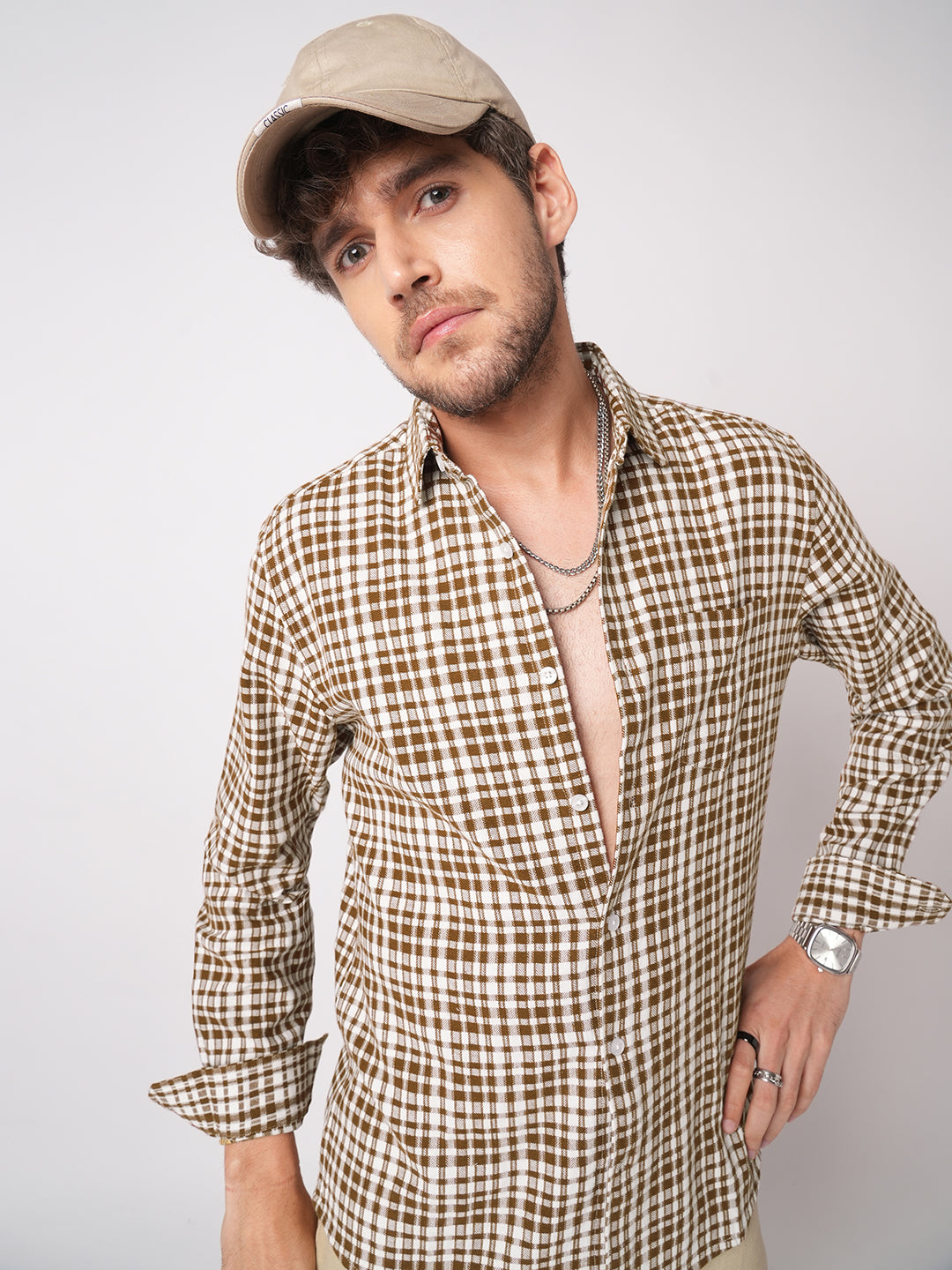 Caramel Brown Gingham Checked Cross-weave Shirt