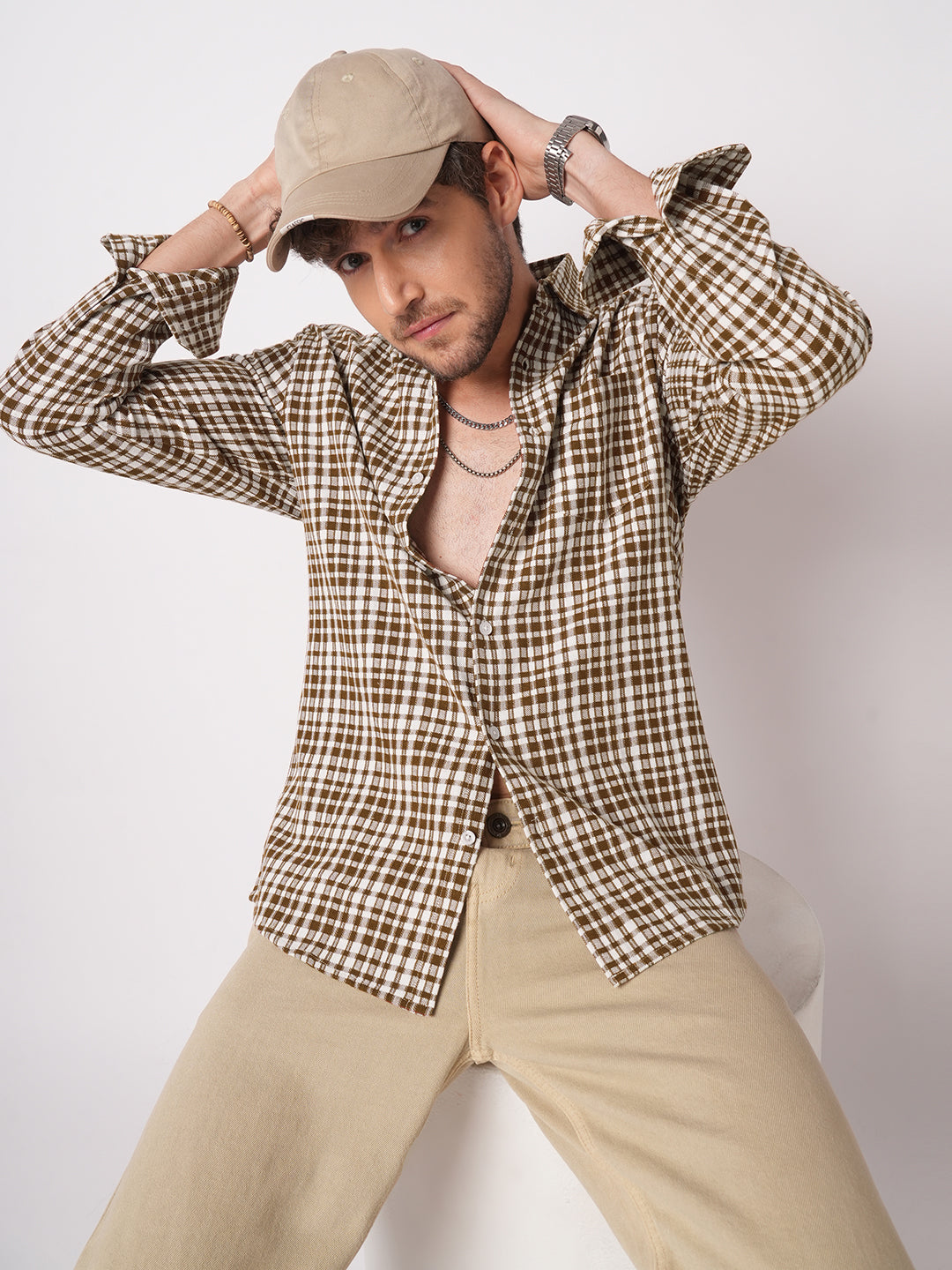 Caramel Brown Gingham Checked Cross-weave Shirt