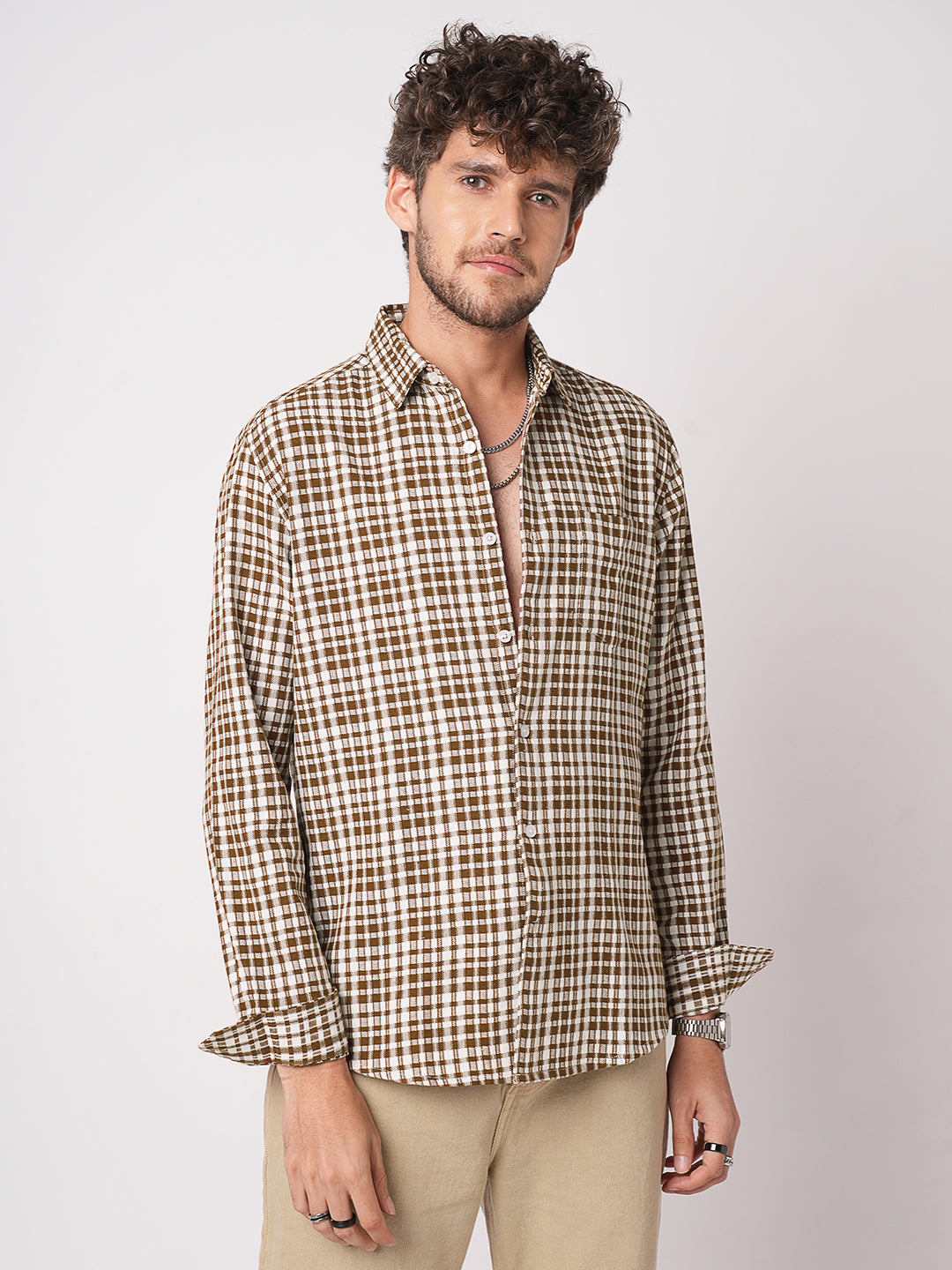 Caramel Brown Gingham Checked Cross-weave Shirt