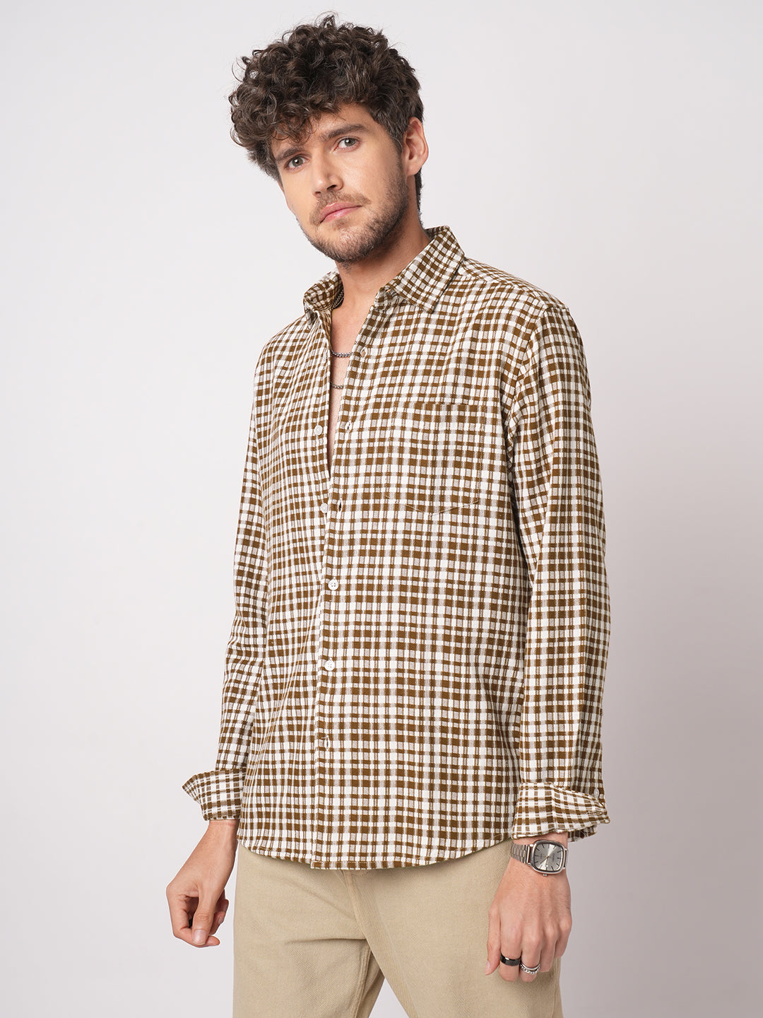 Caramel Brown Gingham Checked Cross-weave Shirt