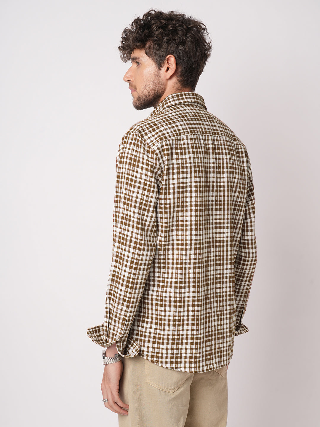 Caramel Brown Gingham Checked Cross-weave Shirt