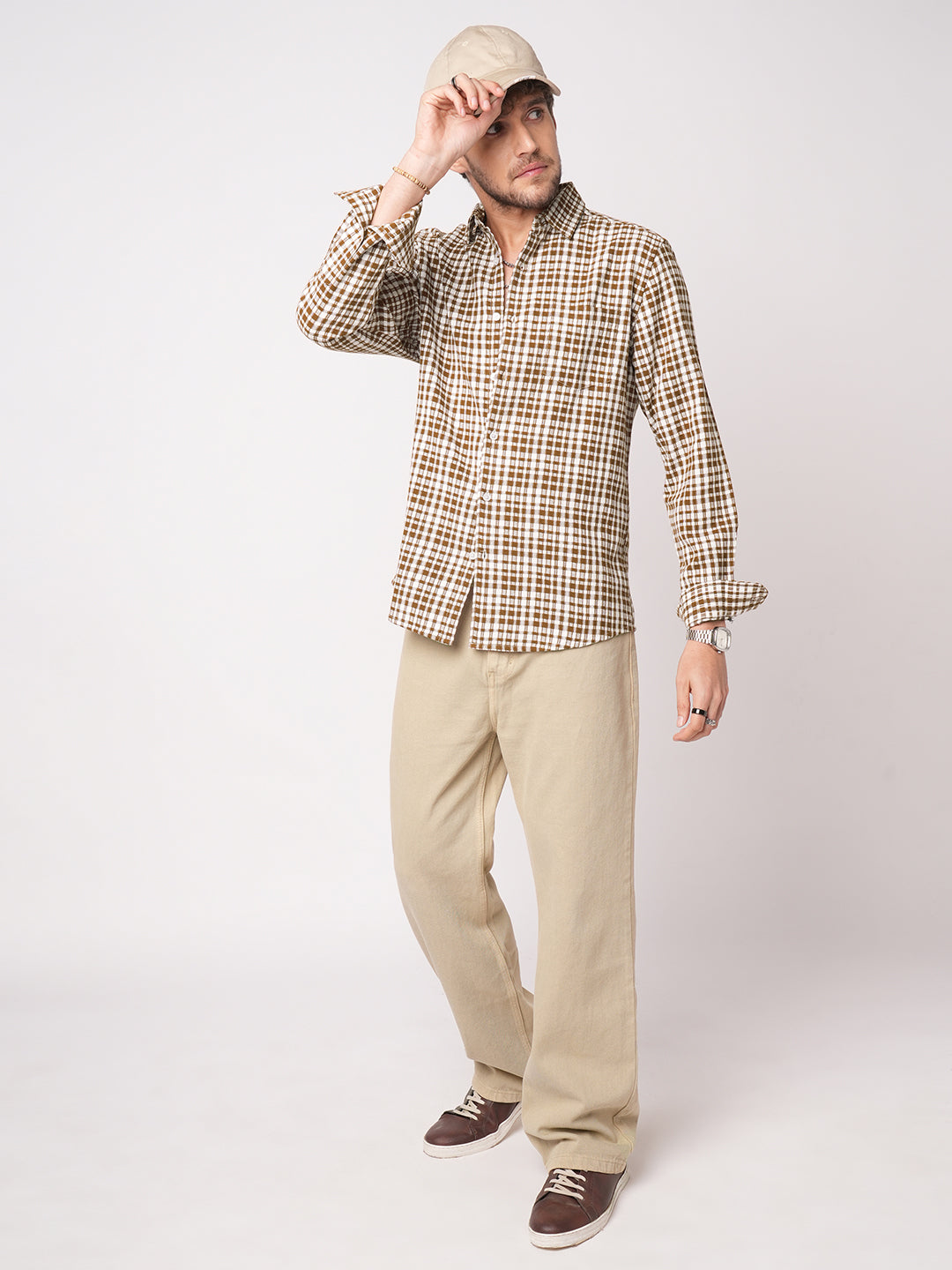 Caramel Brown Gingham Checked Cross-weave Shirt