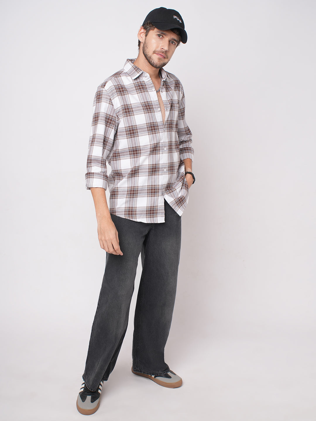 White & Umber Brown Bespoke Checks Shirt