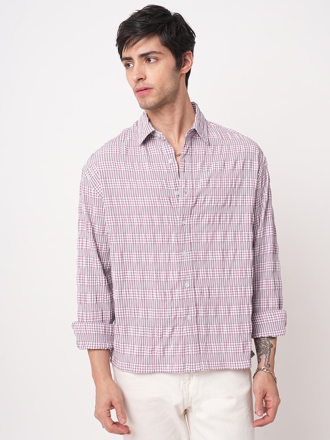 Lilac Seersucker Checks Boxy Fit Crop Shirt