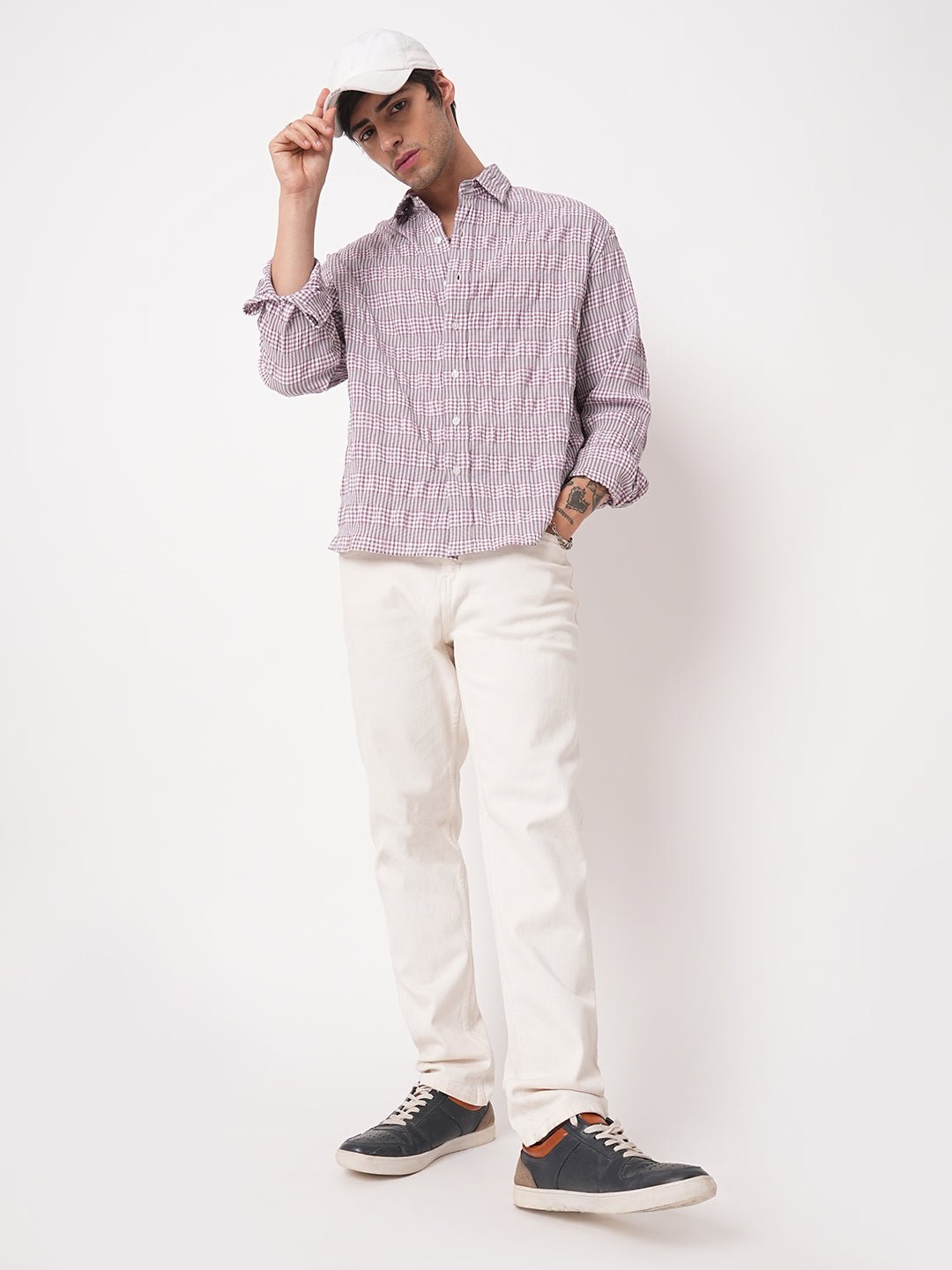 Lilac Seersucker Checks Boxy Fit Crop Shirt