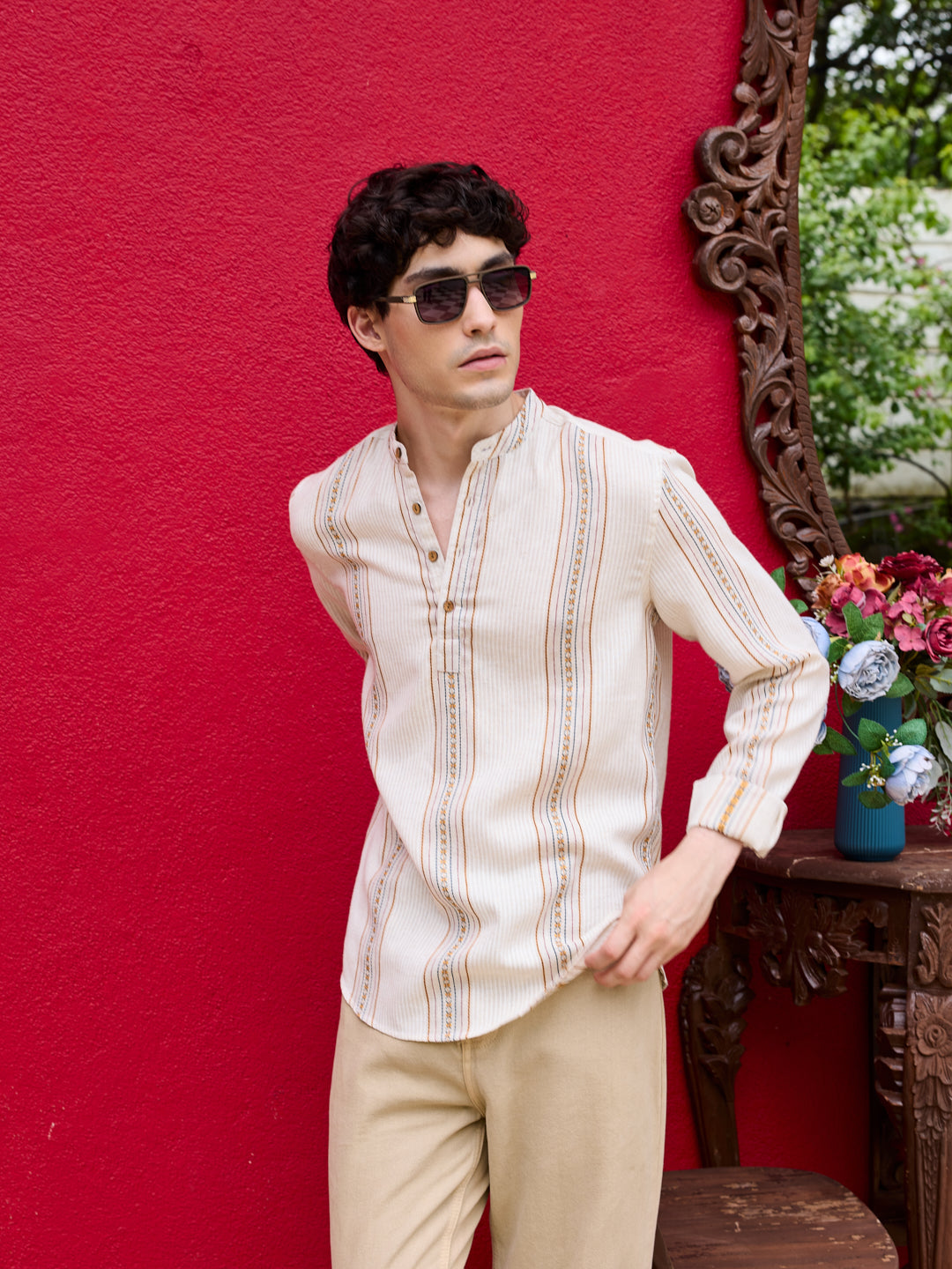 Cream Embroidered Striped Linen Kurta