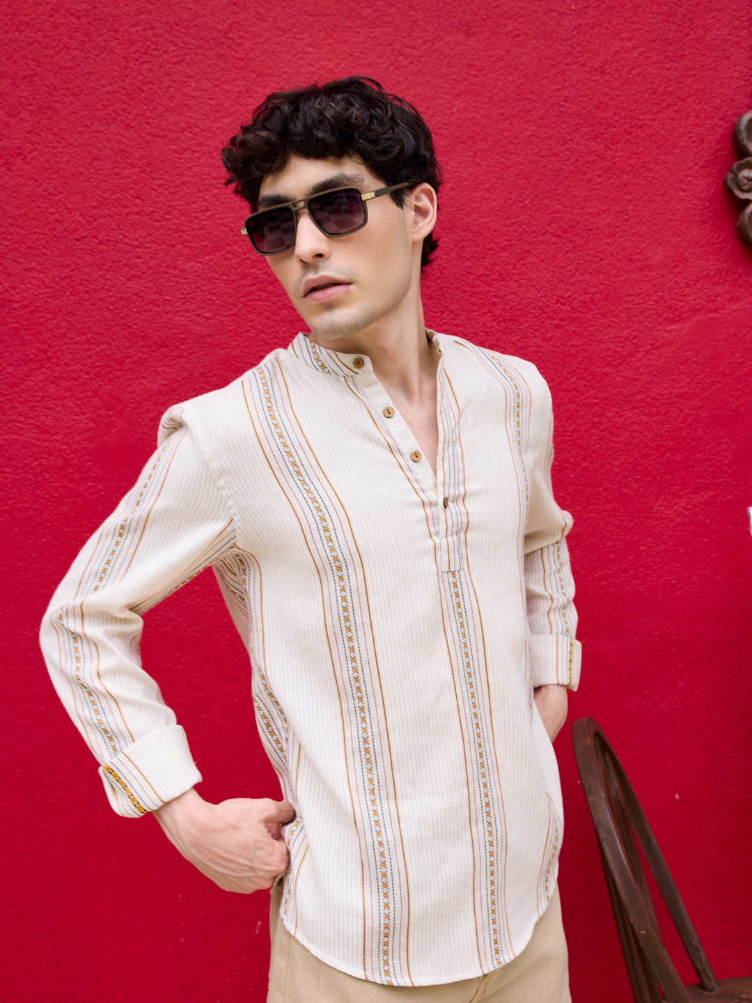 Cream Embroidered Striped Linen Kurta