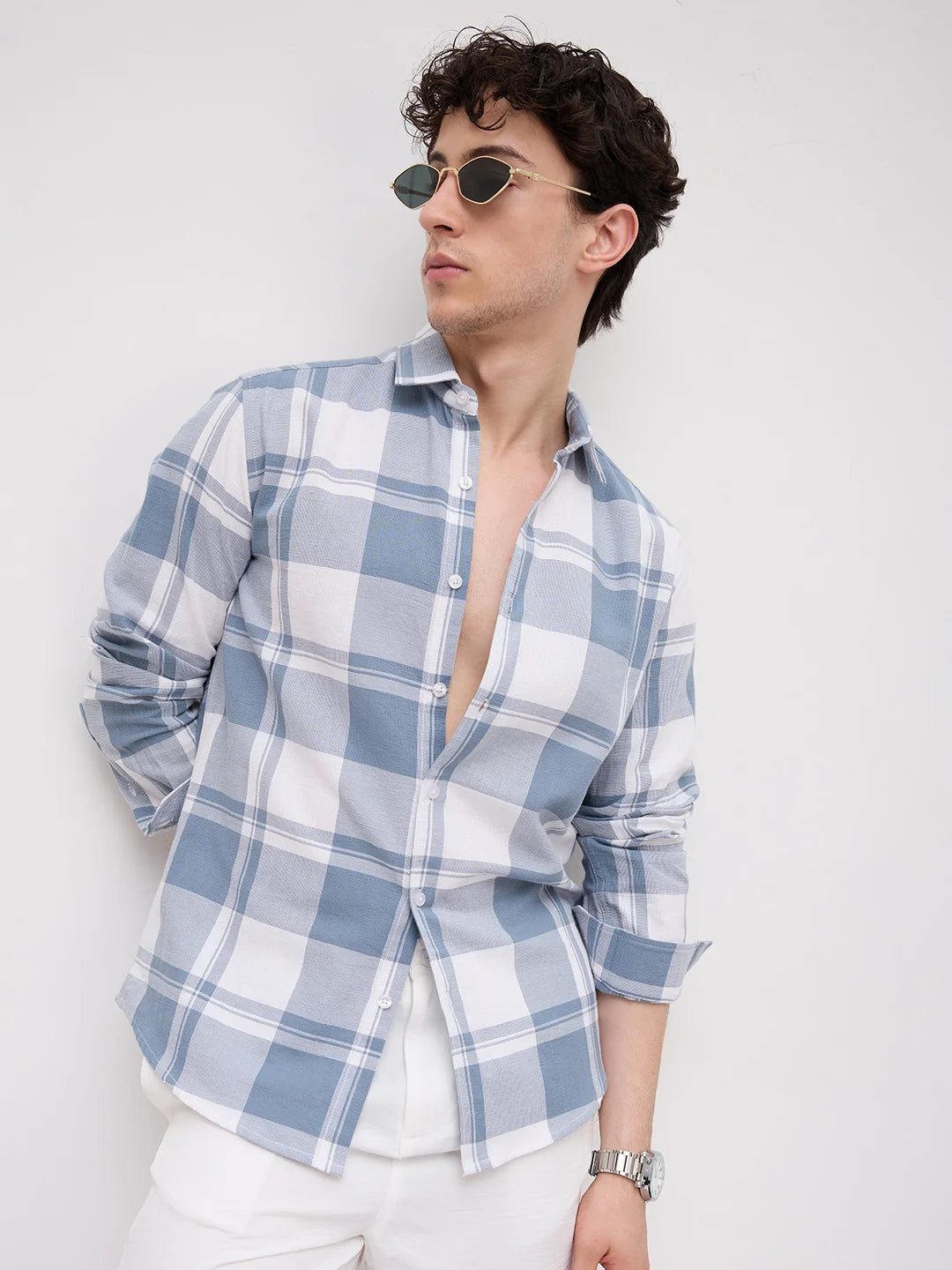 Timeless Slate Blue & White Plaid Shirt