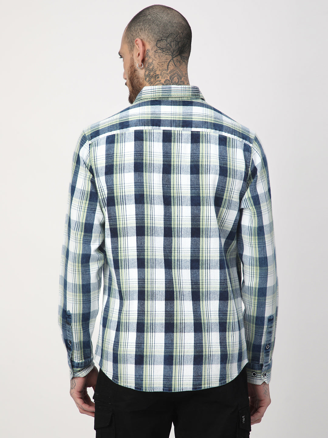 Tea Green & Navy Plaid Checks Corduroy Shirt
