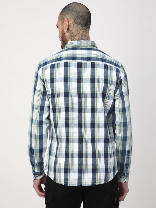Tea Green & Navy Plaid Checks Corduroy Shirt