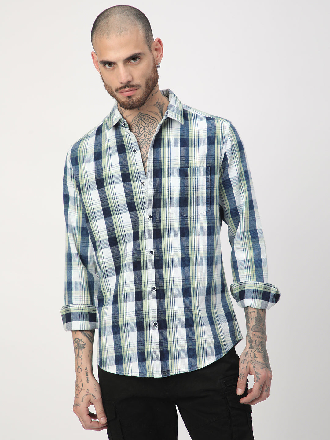 Tea Green & Navy Plaid Checks Corduroy Shirt