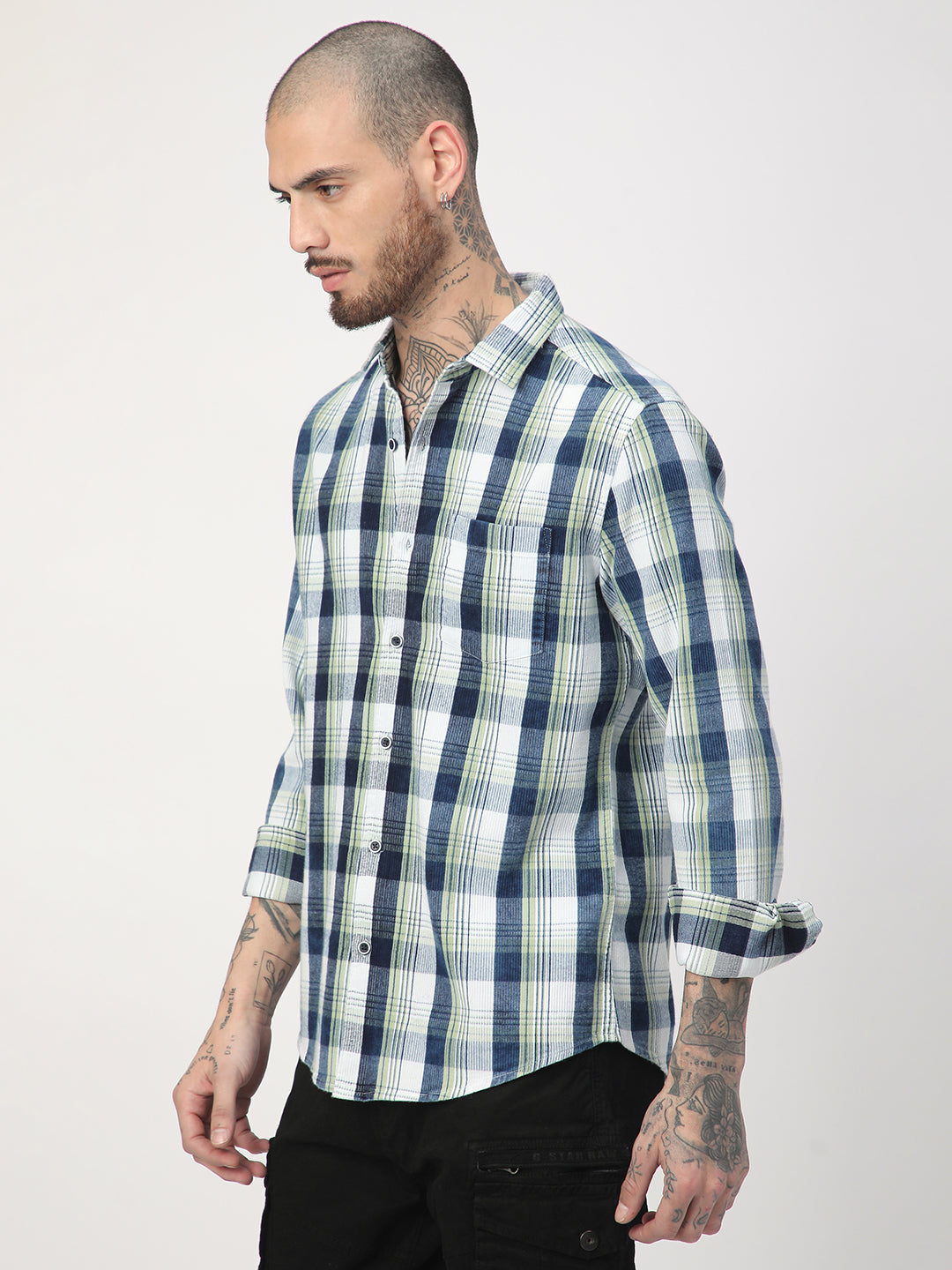 Tea Green & Navy Plaid Checks Corduroy Shirt
