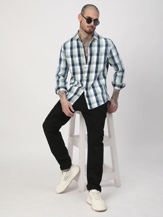 Tea Green & Navy Plaid Checks Corduroy Shirt