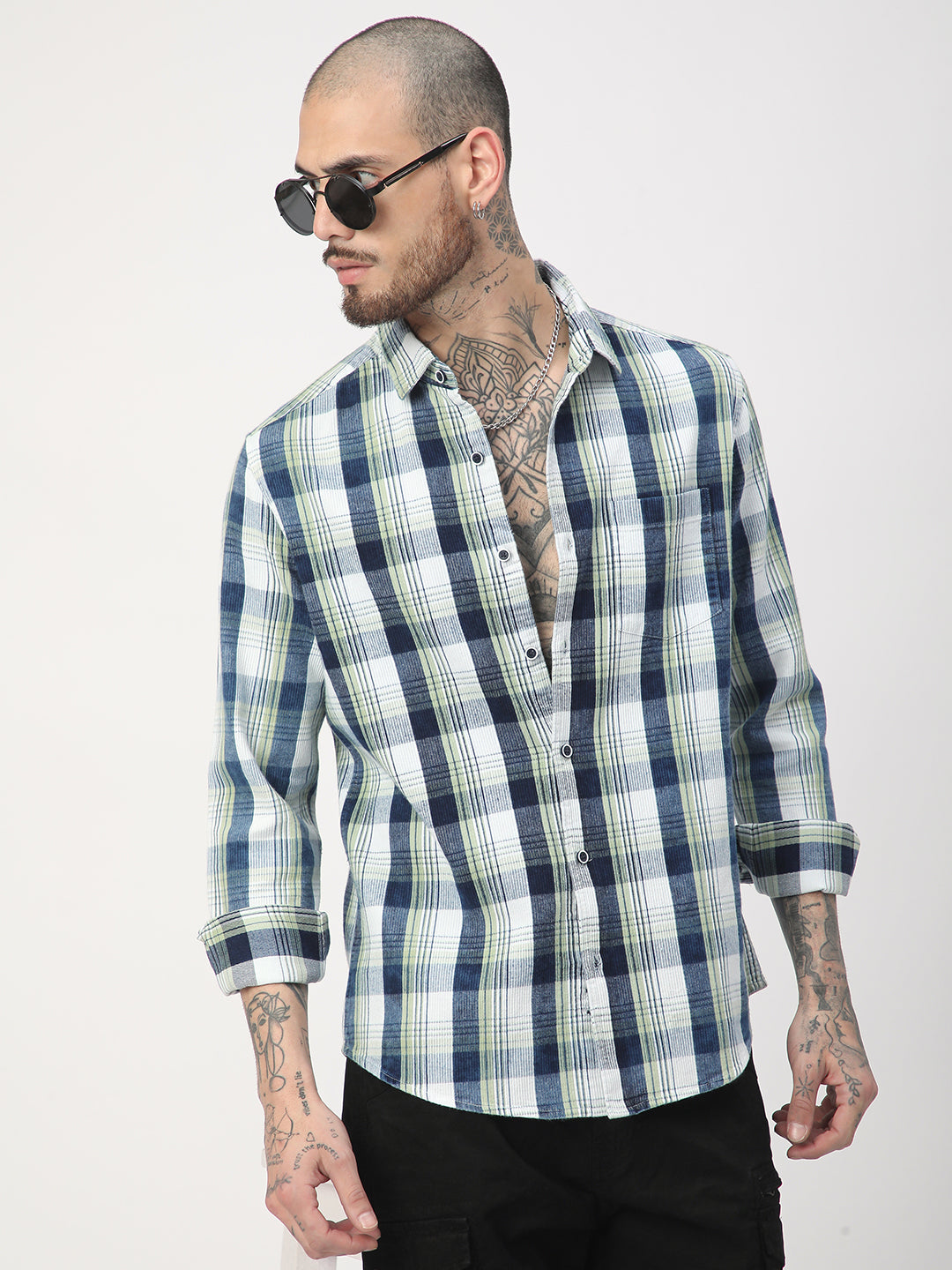 Tea Green & Navy Plaid Checks Corduroy Shirt