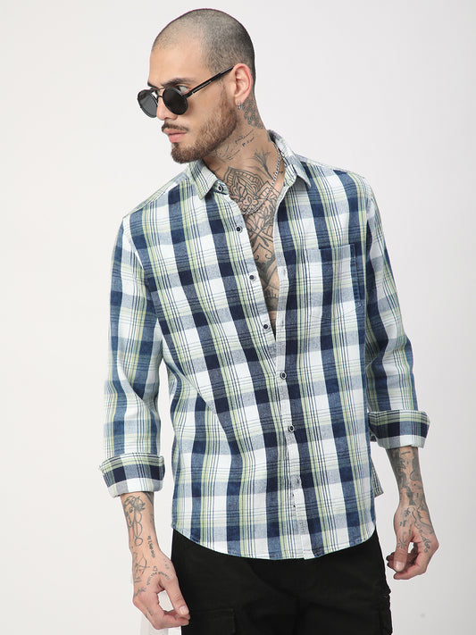 Tea Green & Navy Plaid Checks Corduroy Shirt