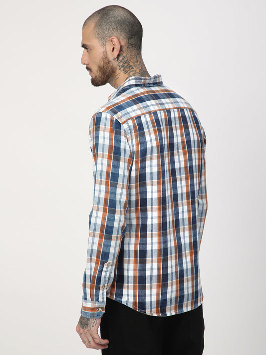 Denim Orange & Navy Plaid Checks Shirt