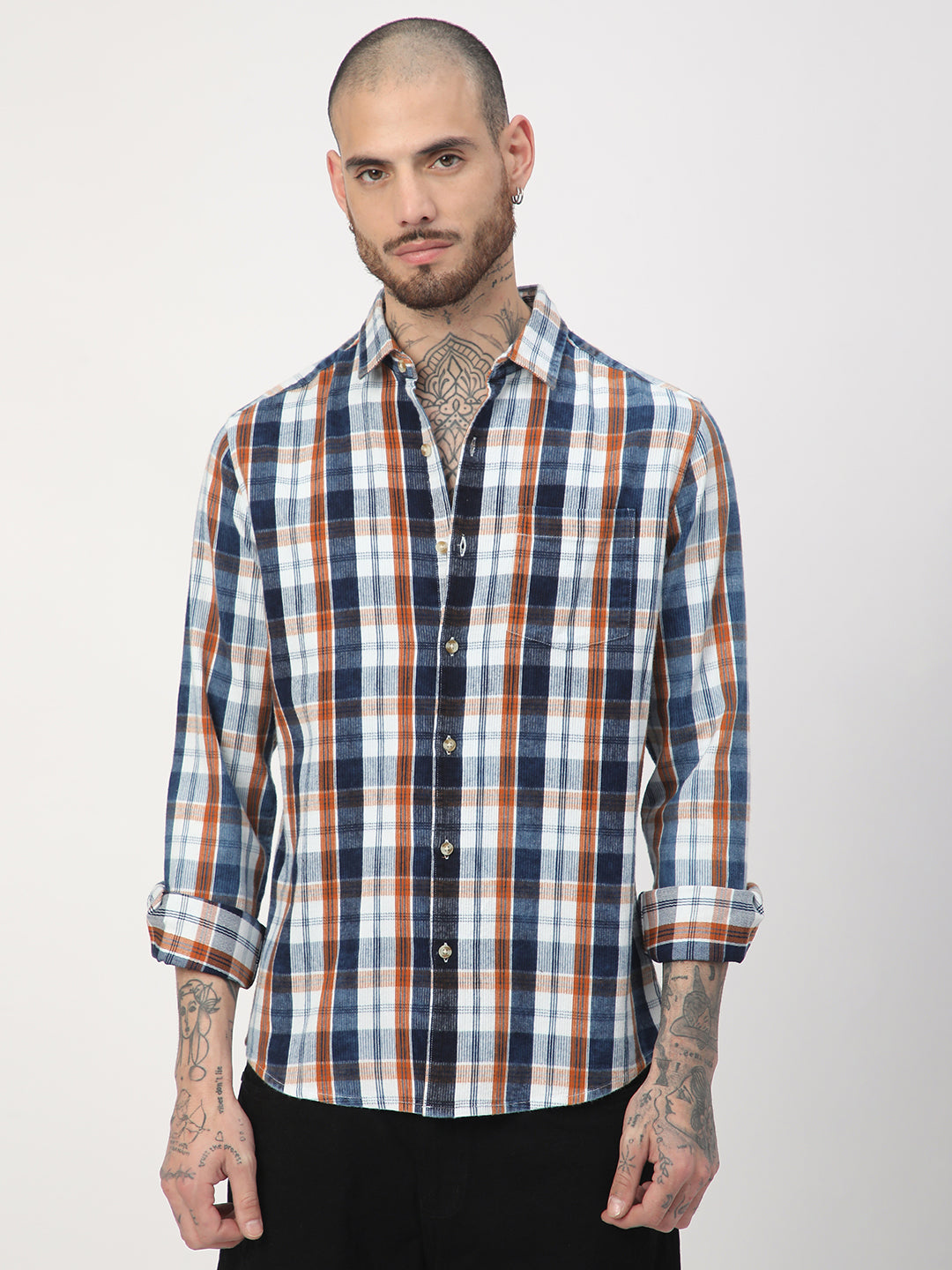 Denim Orange & Navy Plaid Checks Shirt
