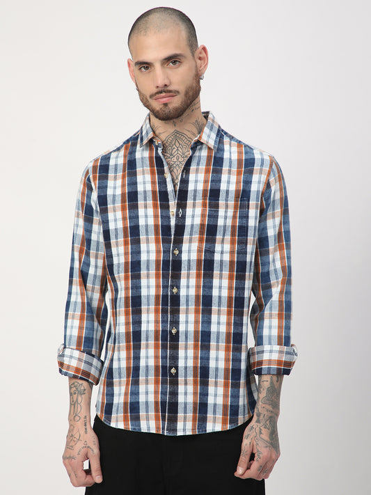 Denim Orange & Navy Plaid Checks Shirt