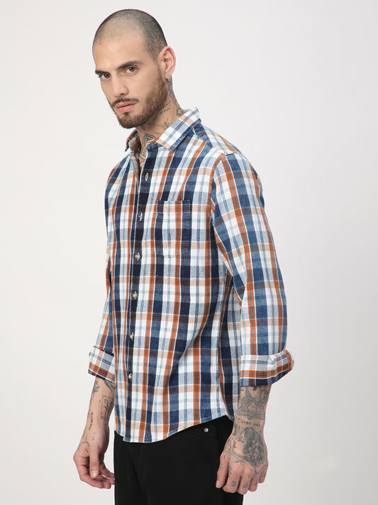 Denim Orange & Navy Plaid Checks Shirt