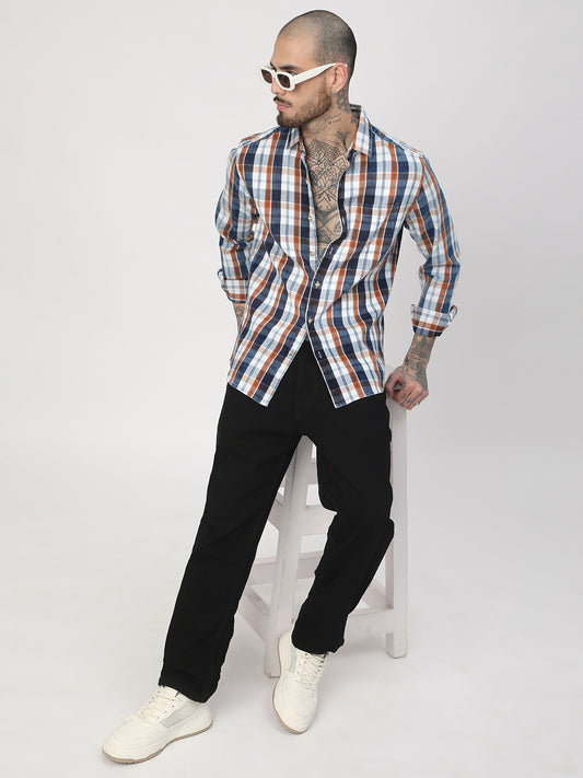 Denim Orange & Navy Plaid Checks Shirt