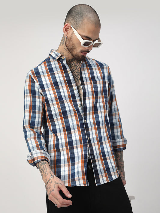 Denim Orange & Navy Plaid Checks Shirt