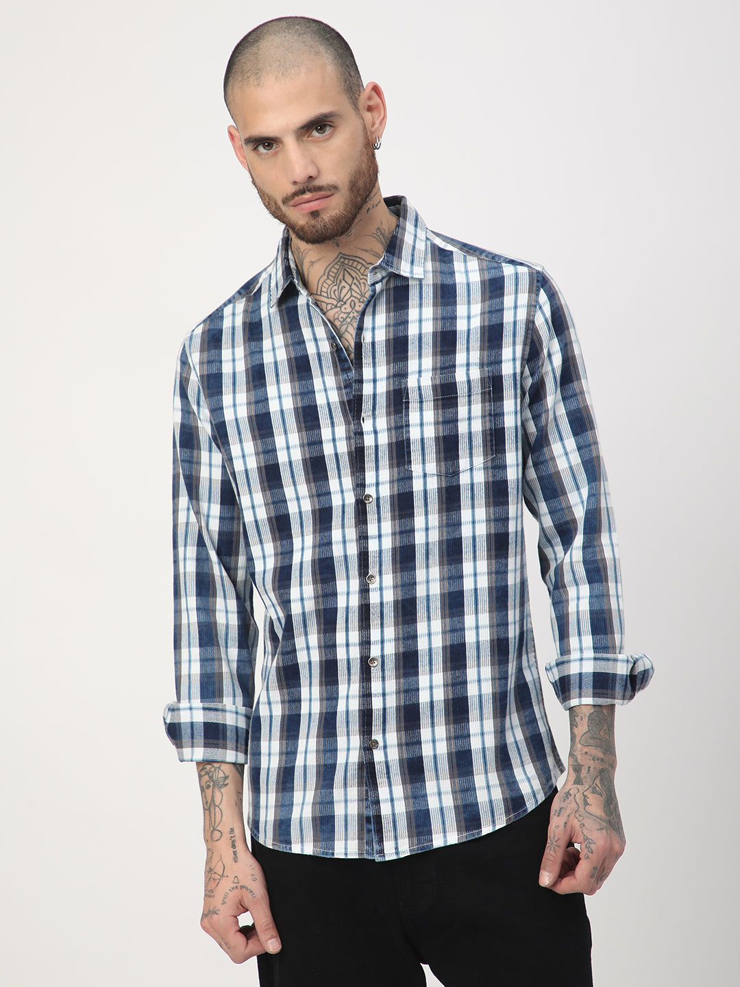 Grey & Navy Plaid Checks Corduroy Shirt
