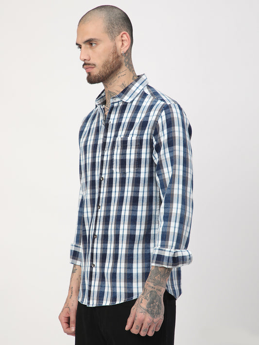 Grey & Navy Plaid Checks Corduroy Shirt