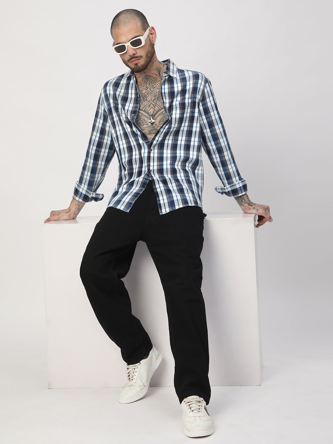 Grey & Navy Plaid Checks Corduroy Shirt