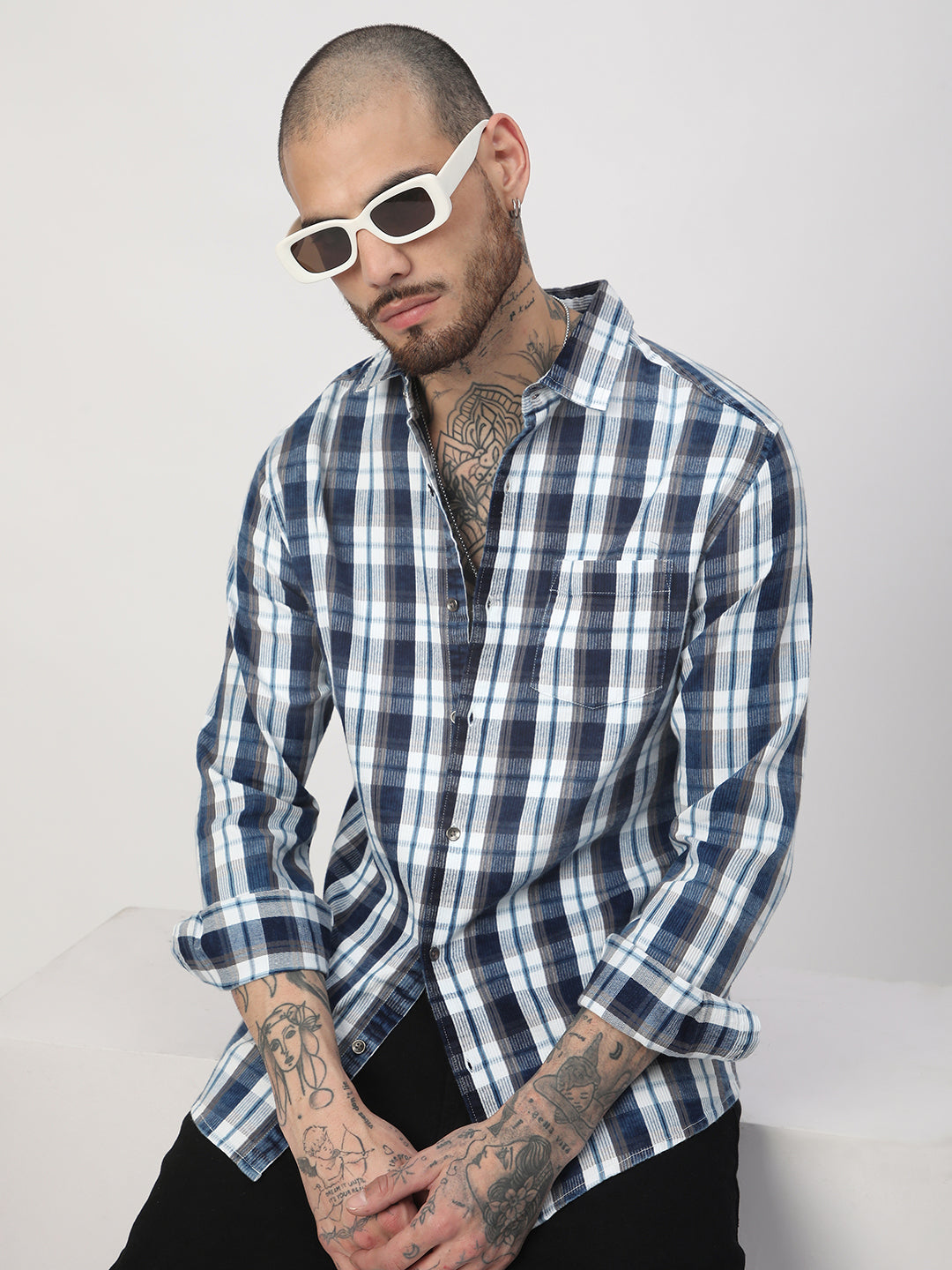 Grey & Navy Plaid Checks Corduroy Shirt